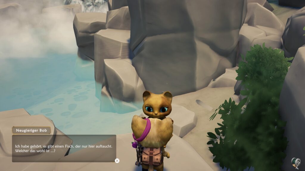 Screenshot: Gespräch mit einem NPC, der sagt es gäbe einen Fisch nur hier, er wisse aber nicht, welcher.