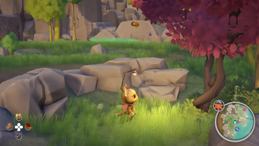 Screenshot: In Whisker Waters klappt sich nachts eine Lampe aus dem Rucksack der Katze auf und hängt wie eine Angel über ihrem Kopf.
