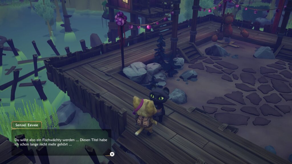 Screenshot: Der Speermeister in Whisker Waters. Laut Sprechblase lautet der Name Sensei Eevee.