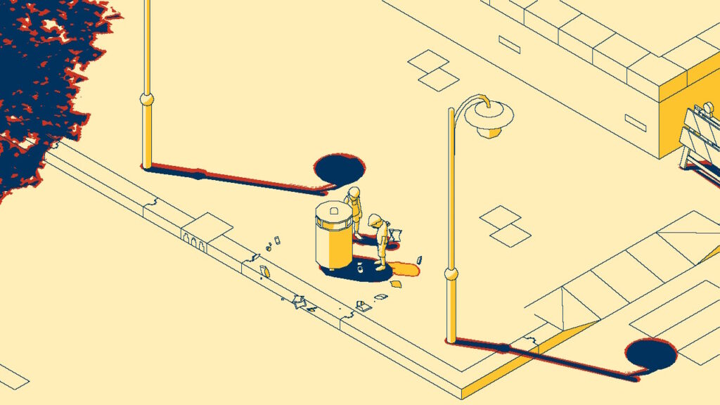 Zwei Kinder schauen sich den Müll auf dem Boden an.