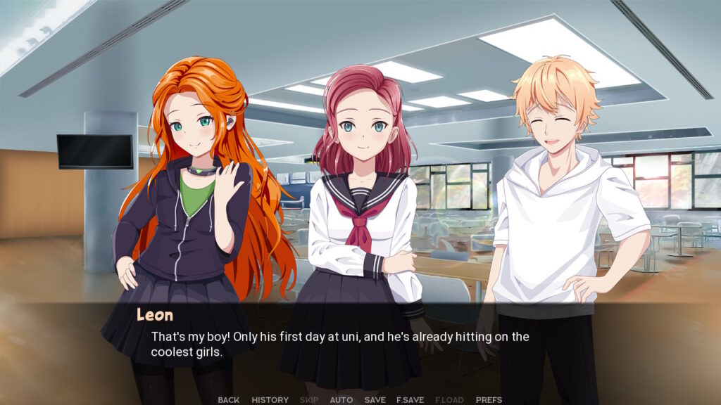 Screenshot von Sunlight Scream, in dem Leon darauf hinweist, dass Max an seinem ersten Tag schon die coolsten Mädchen angesprochen hätte.