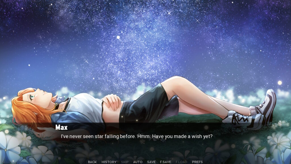 Screenshot von Sunlight Scream mit Bild von Sarah, die zwischen Blumen liegt und in den Sternenhimmel schaut. Text von Max: "I've never seen star falling before. Hmm. Have you made a wish yet?"