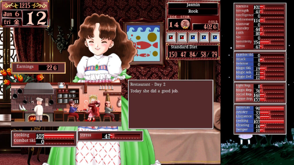 Screenshot Princess Maker 2 Regeneration: Rechts werden ihre aktuellen Werte angezeigt.