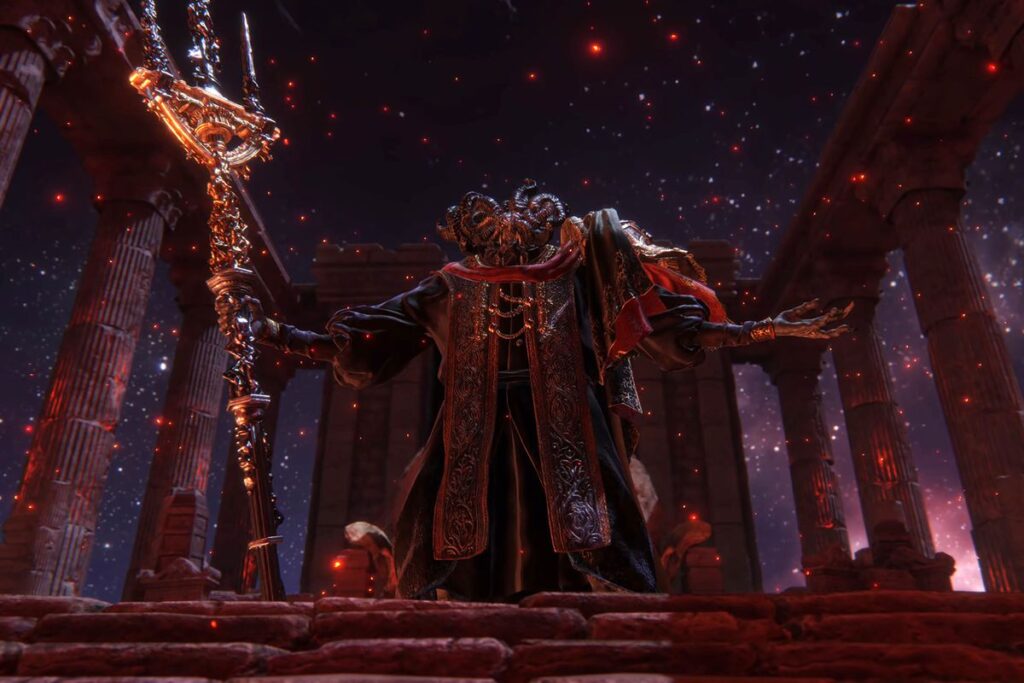 Screenshot des Bosses Mohg, Blutfürst aus Elden Ring