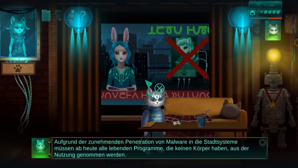 Screenshot von Cat's Request. "Aufgrund der zunehmenden Penetration von Malware in die Stadtsysteme müssen ab heute alle lebenden Programme, die keinen Körper haben, aus der Nutzung genommen werden."