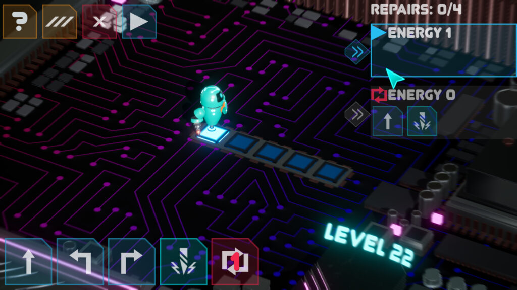 Screenshot von SirKwitz: Level 22 mit Programm mit 1 Energie und Loop mit 2 Energie.