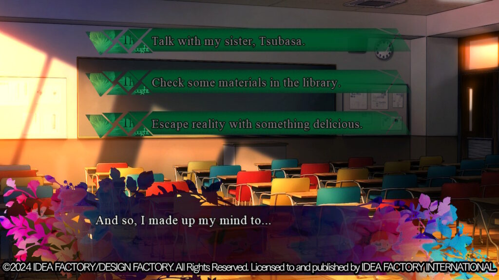 Screenshot: "And so, I made up my mind to ..."
- "Talk with my sister, Tsubasa."
- "Check some materials in the library."
- "Escape reality with something delicious."