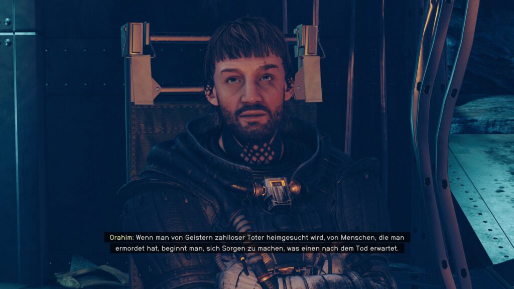 Screenshot Shattered Space: Orahim: "Wenn man von Geistern zahlloser Toter heimgesucht wird, von Menschen, die man ermordet hat, beginnt man, sich Sorgen zu machen, was einen nach dem Tod erwartet."