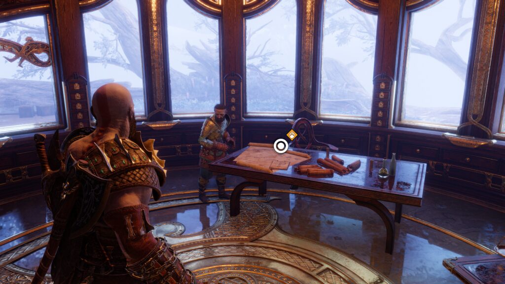 Reflektierender Boden in einem Gebäude in God of War Ragnarök.