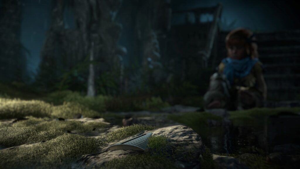 Die kleine Aloy weicht erschrocken vor dem Fokus zurück. In Horizon Zero Dawn Remastered sind Licht und Grafikdetails anders.