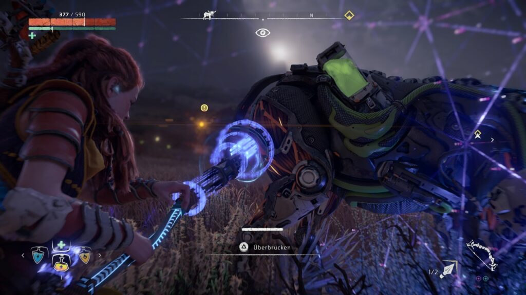 Aloy überbrückt eine Maschine, auf der sie anschließend reiten kann.