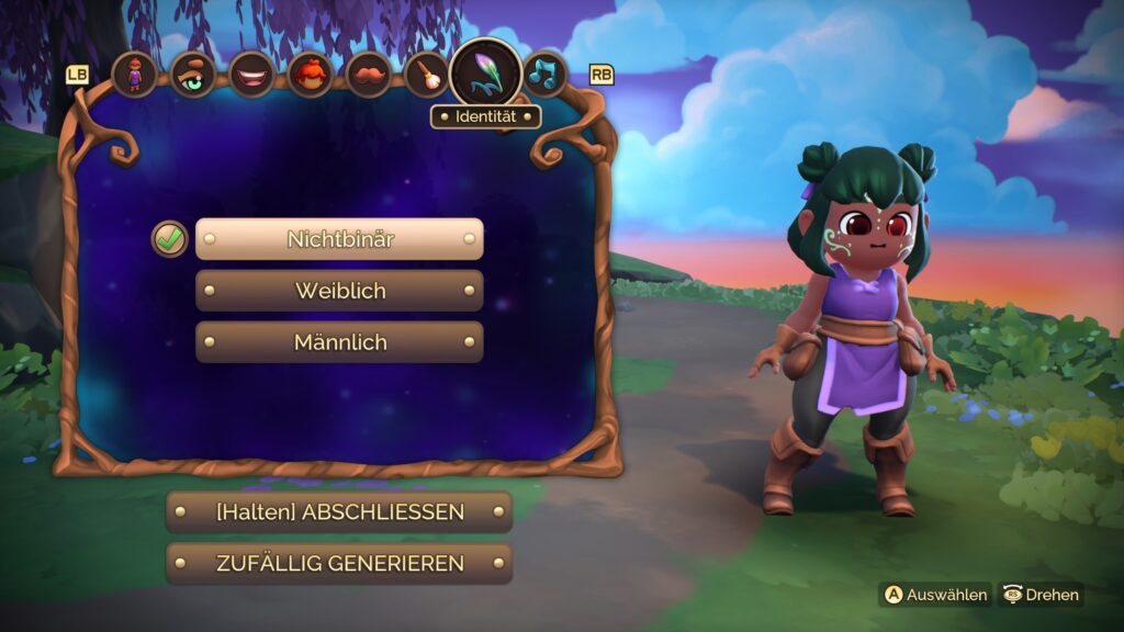 Charakter-Editor in Fae Farm mit Wahl zwischen nichtbinär, weiblich und männlich, wobei nichtbinär standardmäßig ausgewählt war.