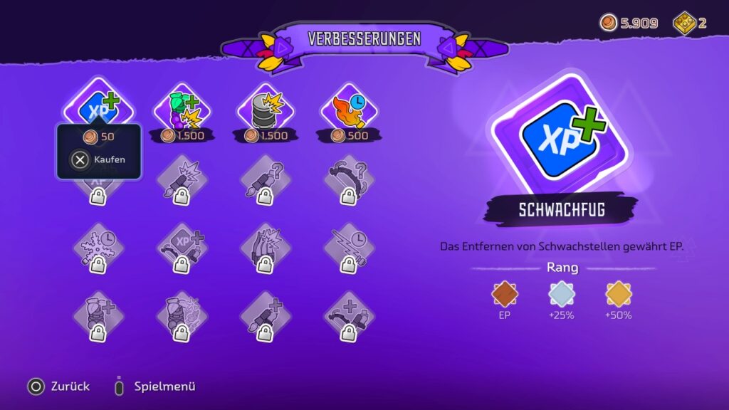 Bildschirm mit Verbesserungen, die mit Noppen kaufbar und verstärkbar sind.