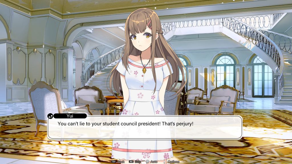 Screenshot Find Love or Die Trying: Yui sagt: "You can't lie to your student council president! That's perjury!"