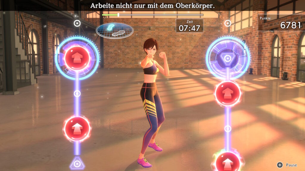 Eine Übung in Fitness Boxing 3 mit zwei Linien von unten nach oben, auf denen sich die Icons der Übungen bewegen.