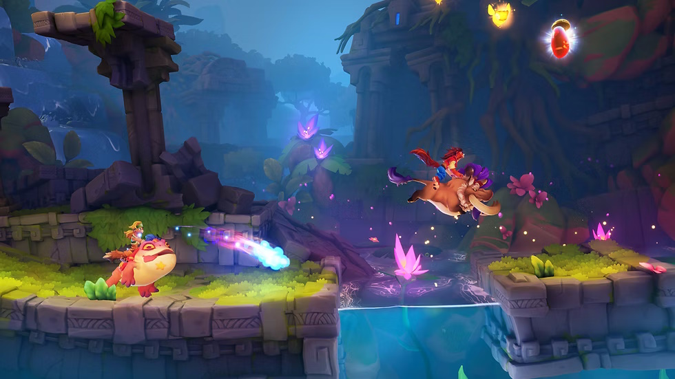 Screenshot aus Nikoderiko: The Magical World. Levelsegment, gespielt im Koop, in denen beide Spielfigurenauf einem Reittier unterwegs sind