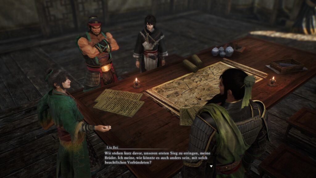 Liu Bei: "Wir stehen kurz davor, unseren ersten Sieg zu erringen, meine Brüder. Ich meine, wie könnte es auch anders sein, mit solch beachtlichen Verbündeten?"