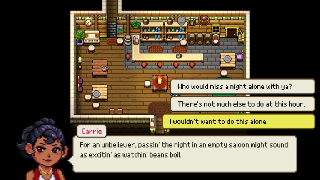 Screenshot zu Cattle Country: Carrie kommentiert, wie langweilig es sein könnte, die Nacht im leeren Saloon zu verbringen.