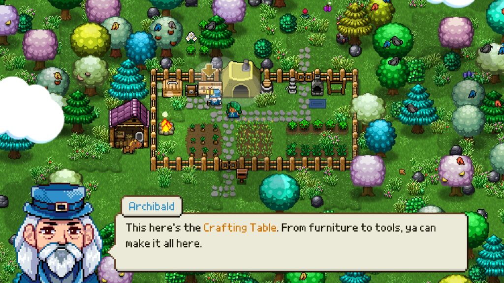 Bürgermeister Archibald auf der Farm: "This here's the Crafting Table. From furniture to tools, ya can make it all here."