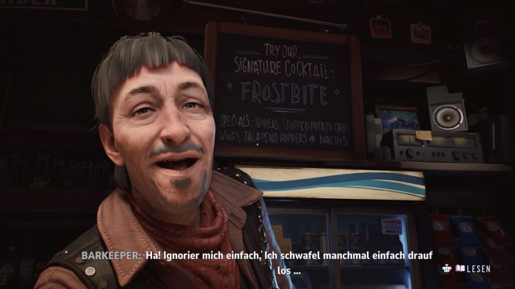 Barkeeper sehr dicht im Bild. "Ha! Ignorier mich einfach. Ich schwafel manchmal einfach drauf los ..."