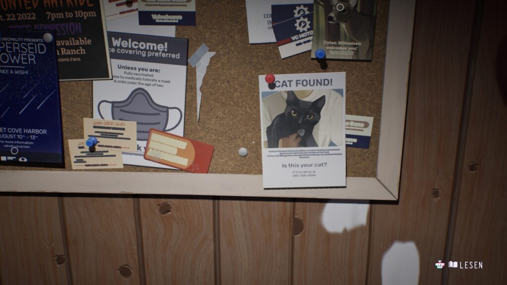 Pinnwand mit verschiedenen Postern. Darunter ein Zettel, der über eine gefundene Katze informiert.