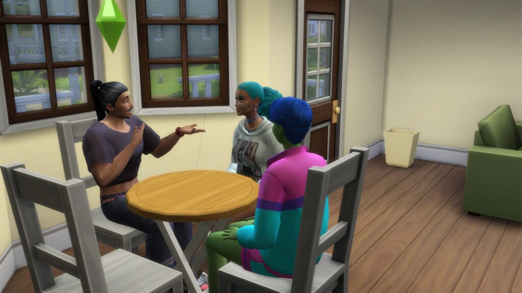 Hannes, Marietta und Marietta II sitzen gemeinsam am Tisch in ihren Kleidungsstücken aus den beiden DLC.