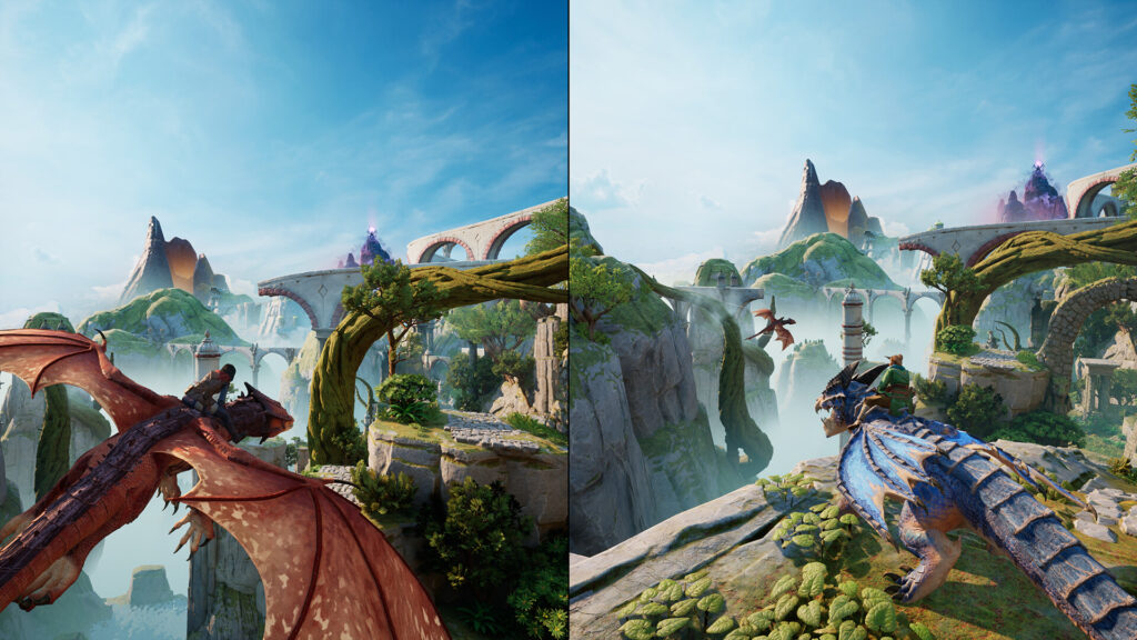 Screenshot aus Split Fiction. Darstellung eines Splitscreens, auf beiden Hälften sehen wir die Spielfigur auf einem Drachen reiten.
