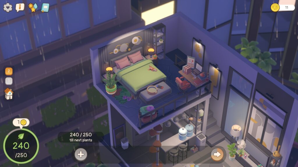 Eines der Appartements in Urban Jungle mit einem Schlafzimmer im oberen Bereich und darunter Küche und Wohnbereich.