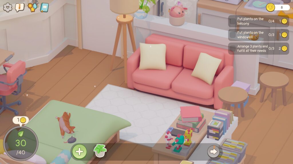 Screenshot eines der Zimmer in Urban Jungle. Herangezoomt an ein rosa Sofa und ein Bett mit grüner Decke, auf dem ausgestreckt die Katze Rufus liegt. Neben den Vorderpfoten ist eine Spielzeugmaus platziert.