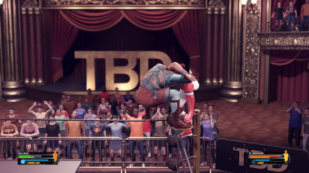 Der selbsterstellte männliche Charakter in WWE 2K25 packt den auf der Ecke hockenden El Ordinario.