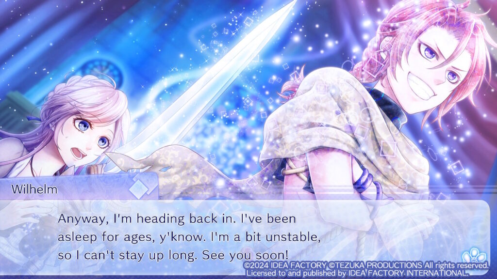 CG mit grinsendem Wilhelm als geisterhafte Figur vor dem Schwert, dahinter die überraschte Lan. Wilhelm: "Anyway, I'm heading back in. I've been asleep for ages, y'know. I'm a bit unstable, so I can't stay up long. See you soon!"