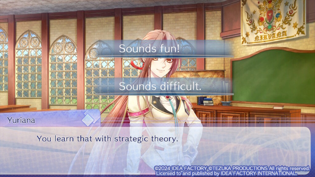 Yuriana: "You learn that with strategic theory." Antwortmöglichkeiten: "Sounds fun!", "Sounds difficult."