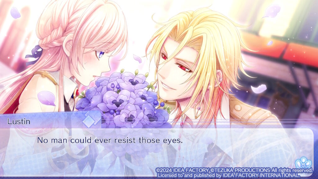 CG mit Lustin, der Lan einen Strauß Anemonen schenkt. Lustin: "No man could ever resist those eyes."
