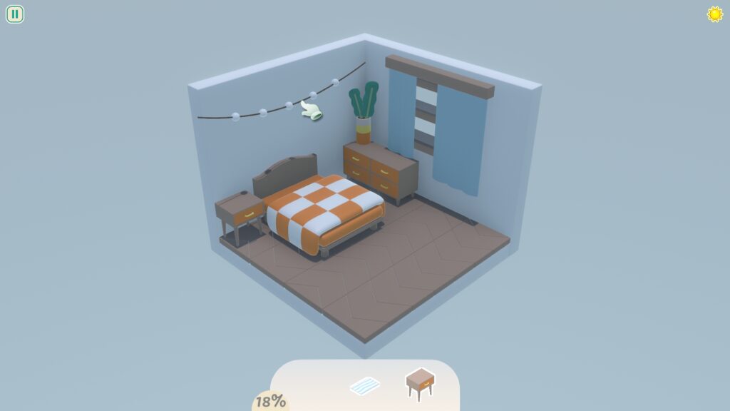 Halb eingerichtetes Schlafzimmer mit Bett, Nachttisch und Girlande.