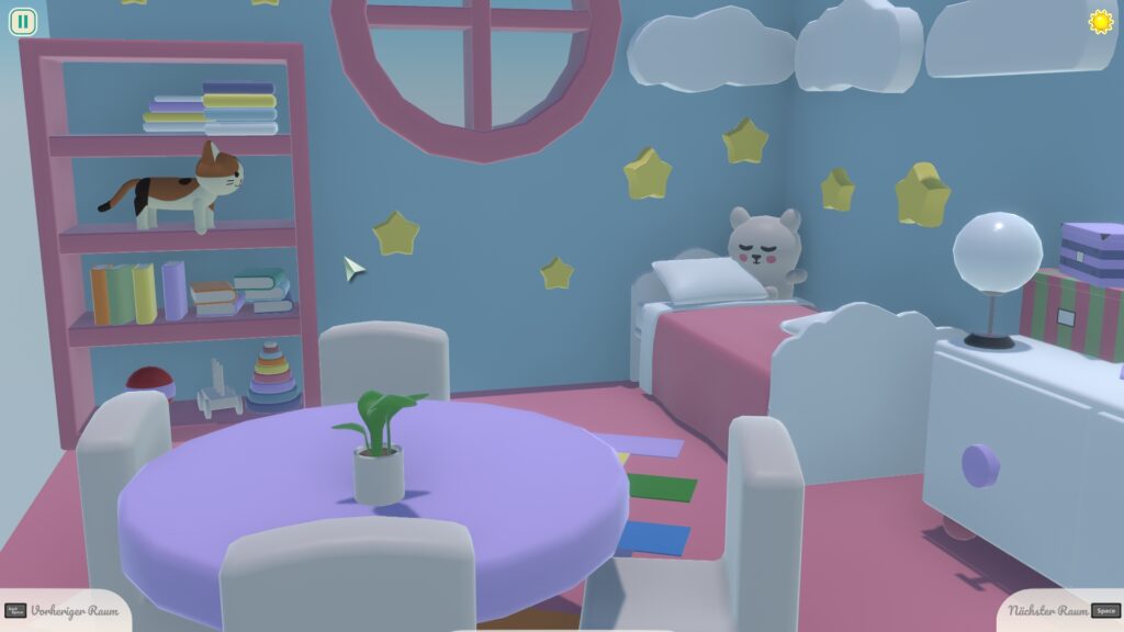 Ein Schlafzimmer mit Sternen und Wolken an der Wand und einer Katze im Regal.