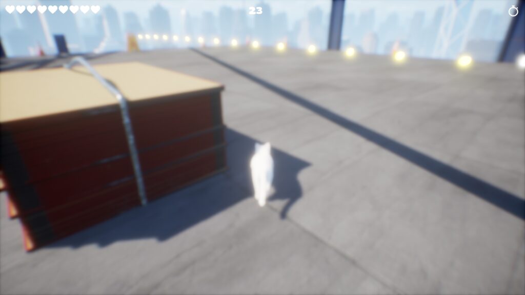 Das Bild ist unscharf und gelbe, leuchtende Bälle weisen den Weg für Kitty.