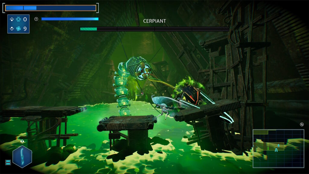 Screenshot aus dem Videospiel ReSetna aus dem Bosskampf gegen Cerpiant