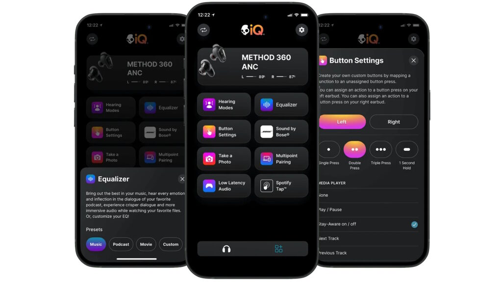 Abbildung mit Screenshots der skull-iQ-App auf drei Smartphones
