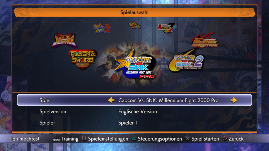 Spieleauswahl der Capcom Fighting Collection 2