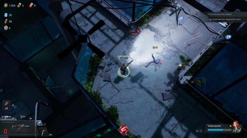 Screenshot von Section 13. Topdown-Ansicht auf Agentin Red und Umgebung. Red hat gerade einen Gegner niedergeschossen.