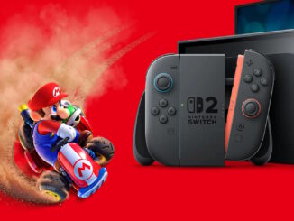 Montage aus einem Artwork von Mario Kart World, in dem Mario mit seinem Kart über eine sandige Fläche driftet, und einem Produktbild der Nintendo Switch 2