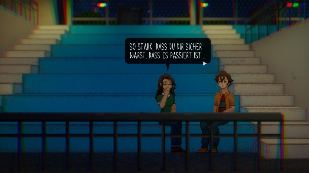 Louise: "So stark, dass du dir sicher warst, dass es passiert ist ..." Screenshot mit chromatischer Aberration.