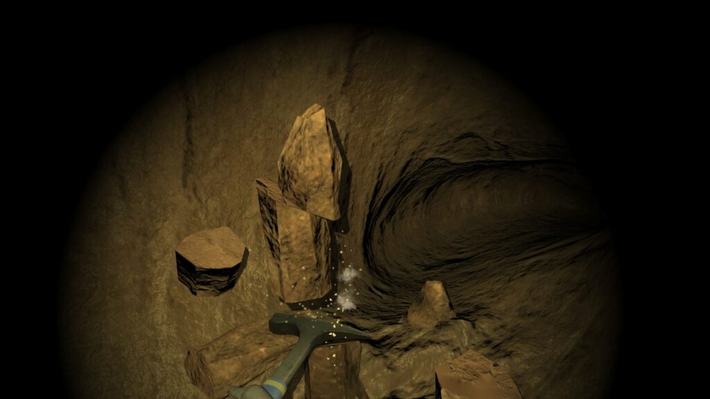 Screenshot von Cave Crave. Taschenlampe fokussiert auf einen Stalagmit, der gerade mit einem Hammer zerkleinert wird.