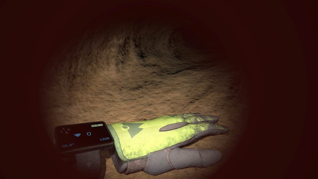 Behandschuhte Hand mit Handgelenksmonitor. Außerhalb des Lichtscheins ist das Bild rot, da hier der Platz besonders eng ist und Jake ohne Atem auskommen muss.