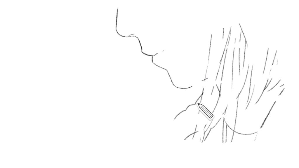 Screenshot aus Dear me, I was...: Angedeutete Bleistiftzeichnung mit dem Halbprofil einer Frau. Cursor in Bleistiftform sichtbar.