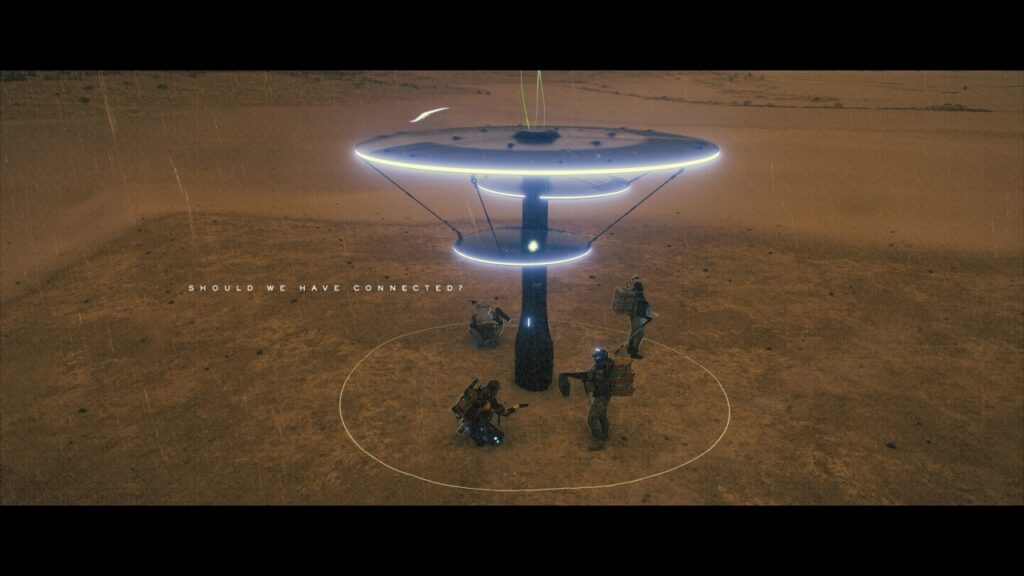 Screenshot aus dem Fotomodus, "Should we have connected?" als Schriftzug. Drei Lokale Boten und Sam versammeln sich unter einem leuchtenden Schirm. Es regnet.