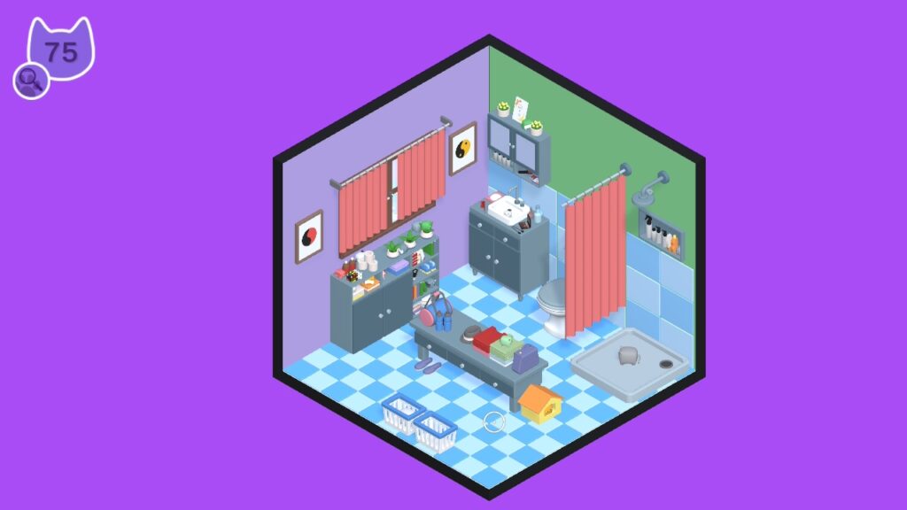 Screenshot aus Secret Paws - Cozy Offices: Badezimmer, weit herausgezoomt. Vorhänge vor dem Fenster.