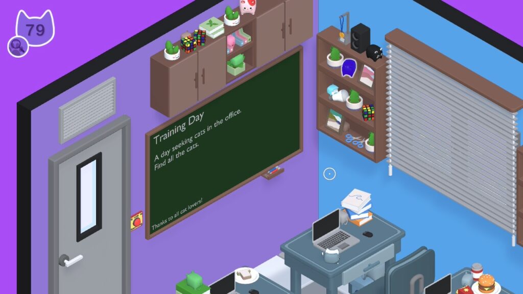 Screenshot: Nahaufnahme einer Wandtafel mit der Aufschrift: "Training Day - A day seeking cats in the office. Find all the Cats. Thanks to all cat lovers!"