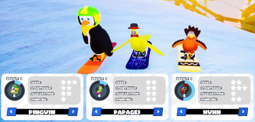 Drei Standard Outfits aus Slopecrashers (Pinguin, Papagei, Huhn)