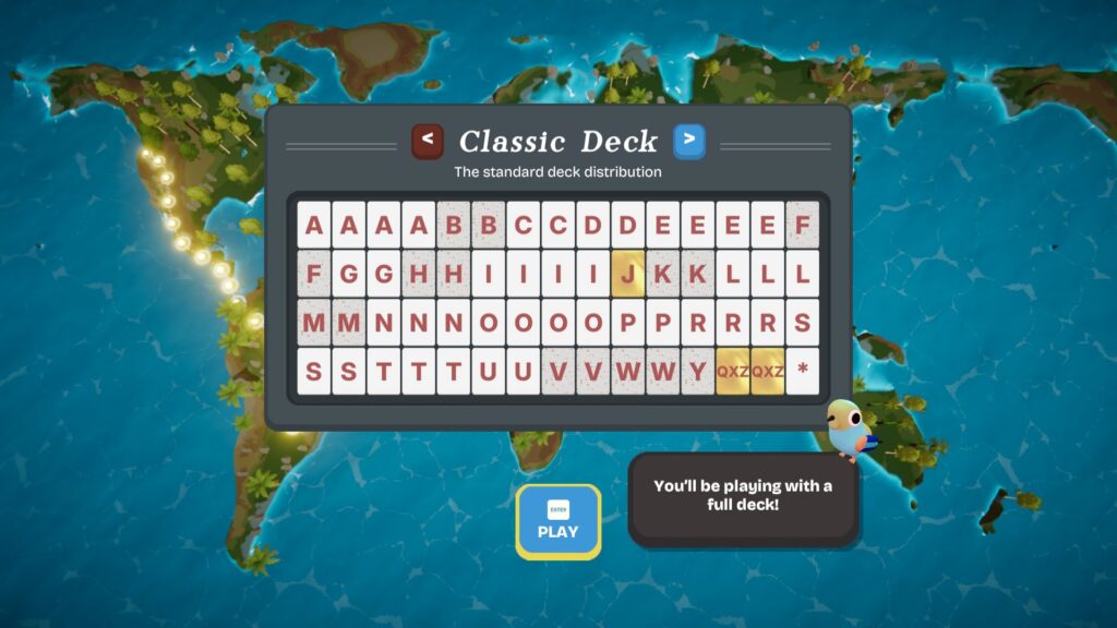 Screenshot aus Birdigo. Das Klassische Buchstabendeck mit allen Buchstaben in unterschiedlicher Anzahl.